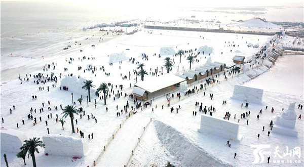 游客在新疆博斯腾湖大河口（西海渔村）景区欣赏雪雕