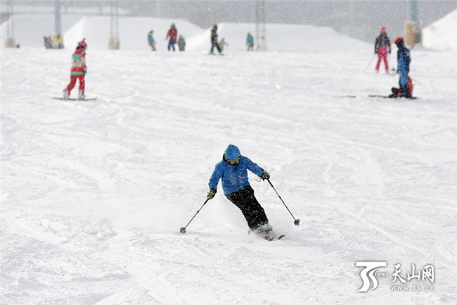 在丝绸之路国际度假区滑雪场内，雪友们驰骋在盼望已久的雪道上。